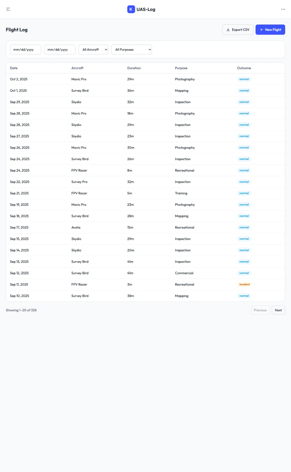 UAS-Log flight log list with mission details and durations