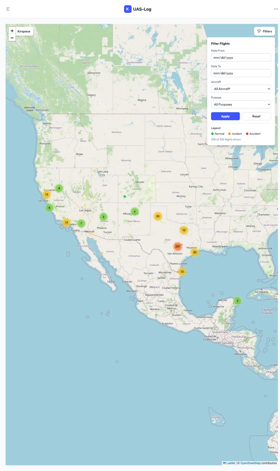 UAS-Log interactive flight map with airspace overlays